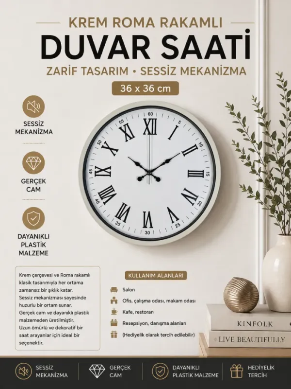 Roma Rakamlı Krem Plastik Duvar Saati 36 cm · Model PP-3654X