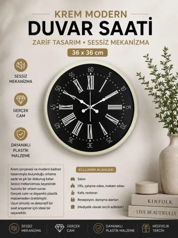 Krem Plastik Duvar Saati 36 cm · Model PP-3659X