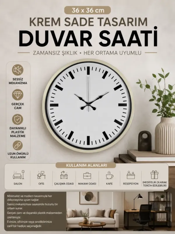 Krem Plastik Duvar Saati 36 cm · Model PP-3689X