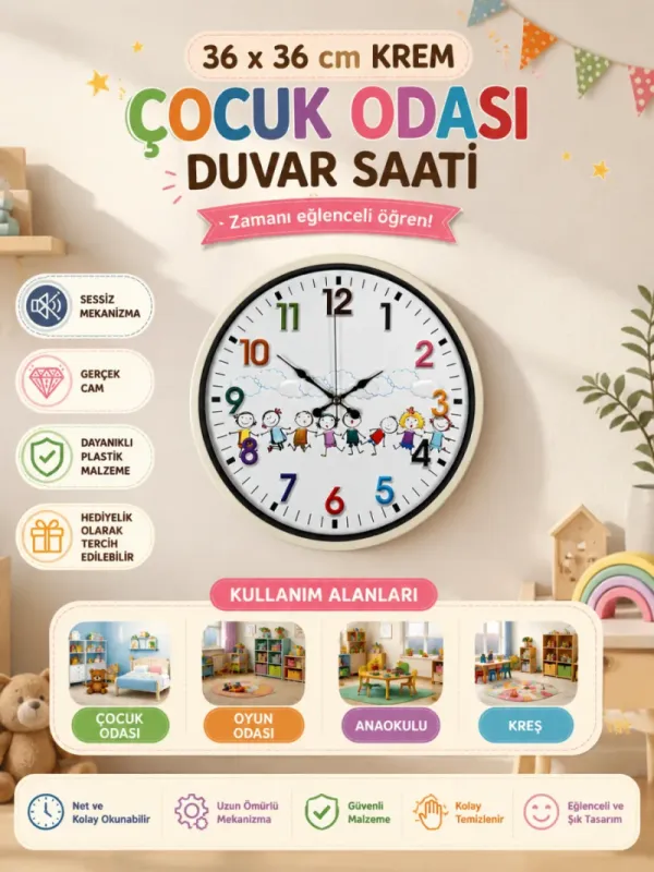 Çocuk Odası Krem Plastik Duvar Saati 36 cm · Model PP-3693X