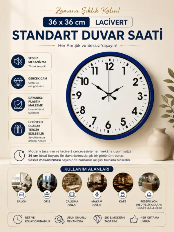 Lacivert Plastik Duvar Saati 36 cm · Model PP-3601V