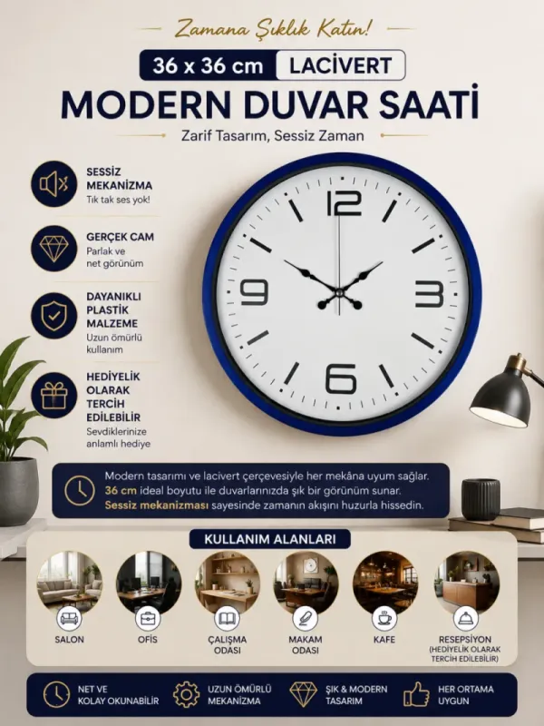 Lacivert Plastik Duvar Saati 36 cm · Model PP-3608V