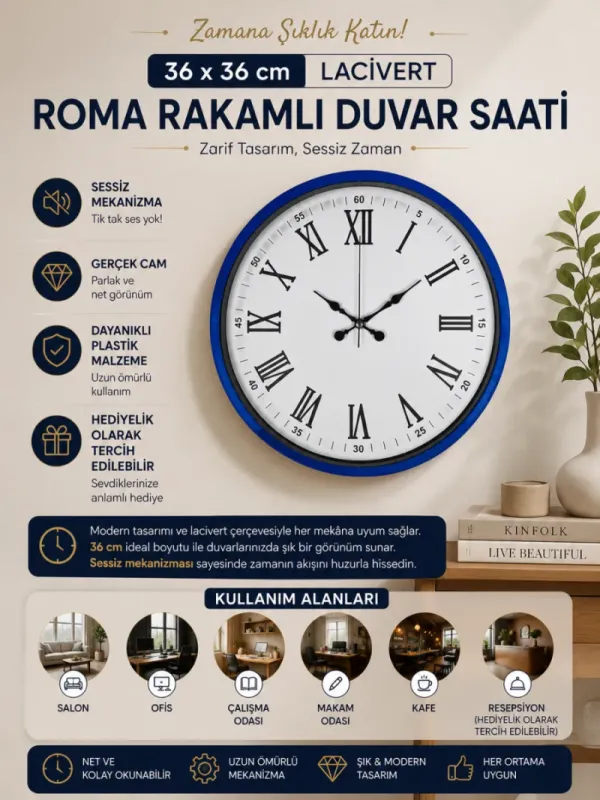 Roma Rakamlı Lacivert Plastik Duvar Saati 36 cm · Model PP-3654V