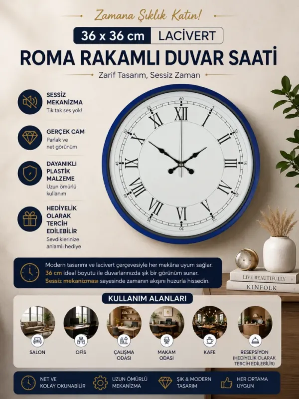 Roma Rakamlı Lacivert Plastik Duvar Saati 36 cm · Model PP-3655V