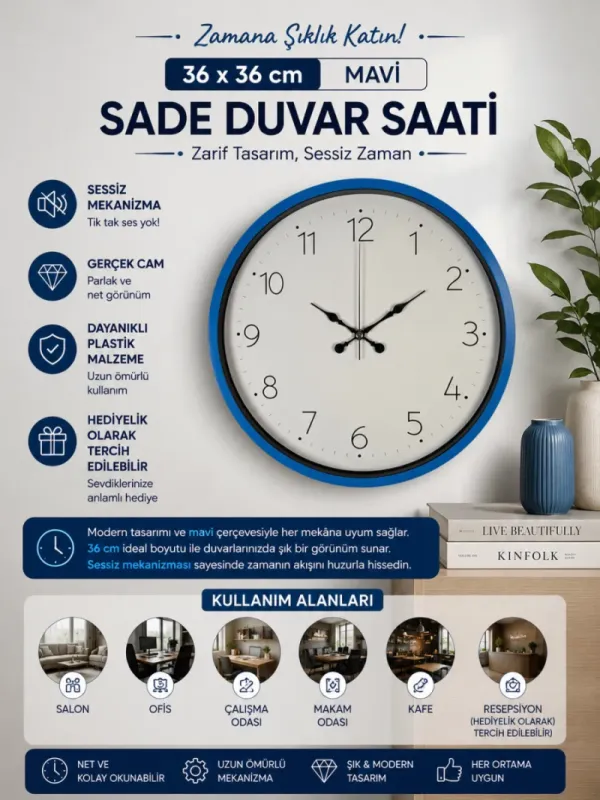 Mavi Plastik Duvar Saati 36 cm · Model PP-3604M