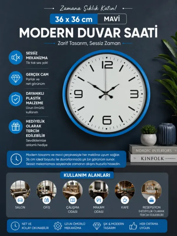 Mavi Plastik Duvar Saati 36 cm · Model PP-3608M