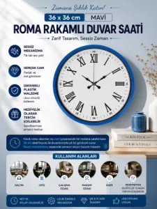 Roma Rakamlı Mavi Plastik Duvar Saati 36 cm · Model PP-3654M