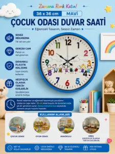 Çocuk Odası Mavi Plastik Duvar Saati 36 cm · Model PP-3693M