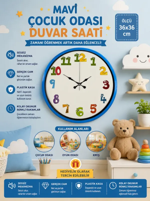 Çocuk Odası Mavi Plastik Duvar Saati 36 cm · Model PP-3694M