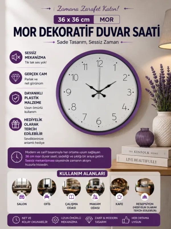 Mor Plastik Duvar Saati 36 cm · Model PP-3604Z