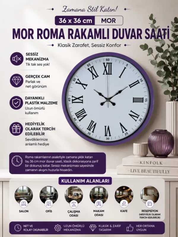 Mor Plastik Duvar Saati 36 cm · Model PP-3654Z