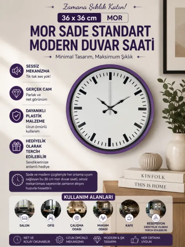 Mor Plastik Duvar Saati 36 cm · Model PP-3689Z