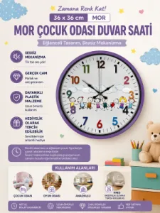Çocuk Odası Mor Plastik Duvar Saati 36 cm · Model PP-3693Z