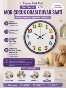 Çocuk Odası Mor Plastik Duvar Saati 36 cm · Model PP-3694Z