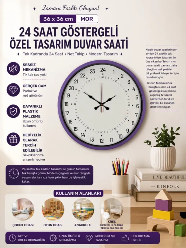 Göstergeli Mor Plastik Duvar Saati 36 cm · Model PP-3697Z