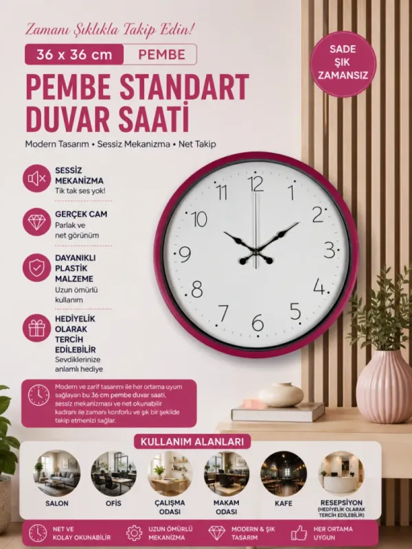Pembe Plastik Duvar Saati 36 cm · Model PP-3604P