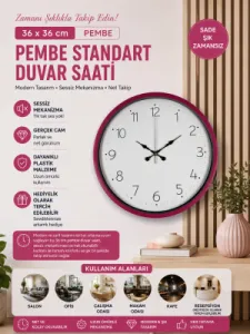 Pembe Plastik Duvar Saati 36 cm · Model PP-3604P