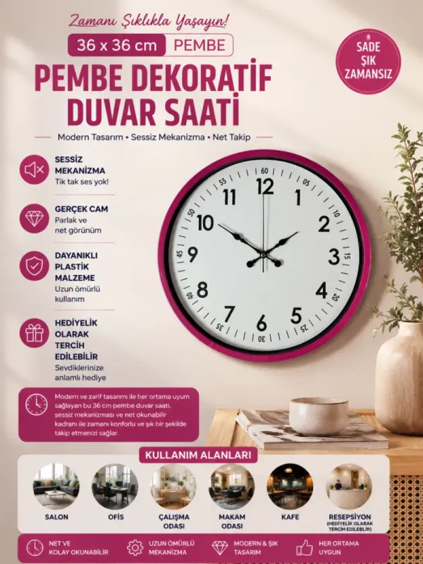 Pembe Plastik Duvar Saati 36 cm · Model PP-3605P