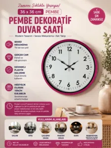 Pembe Plastik Duvar Saati 36 cm · Model PP-3605P