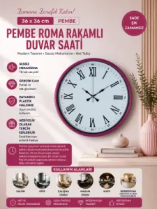 Roma Rakamlı Pembe Plastik Duvar Saati 36 cm · Model PP-3654P