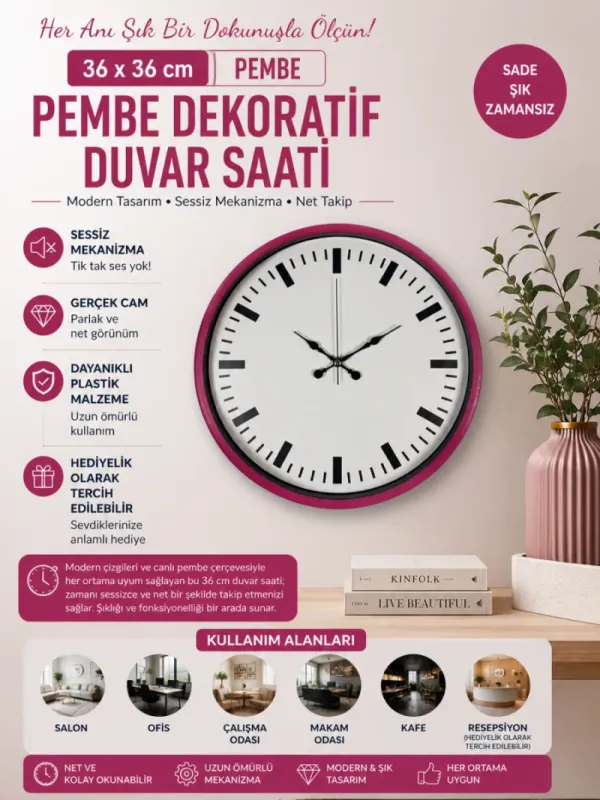Pembe Plastik Duvar Saati 36 cm · Model PP-3689P