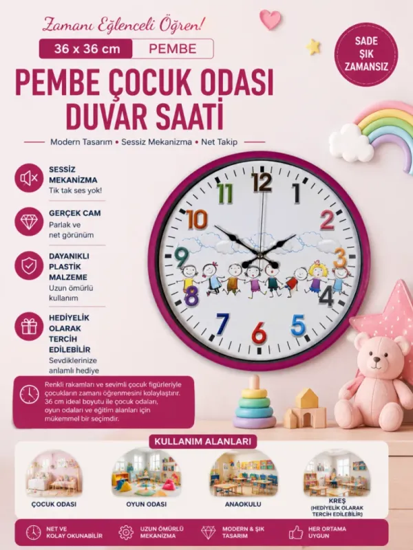 Çocuk Odası Pembe Plastik Duvar Saati 36 cm · Model PP-3693P