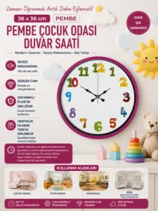 Çocuk Odası Pembe Plastik Duvar Saati 36 cm · Model PP-3694P
