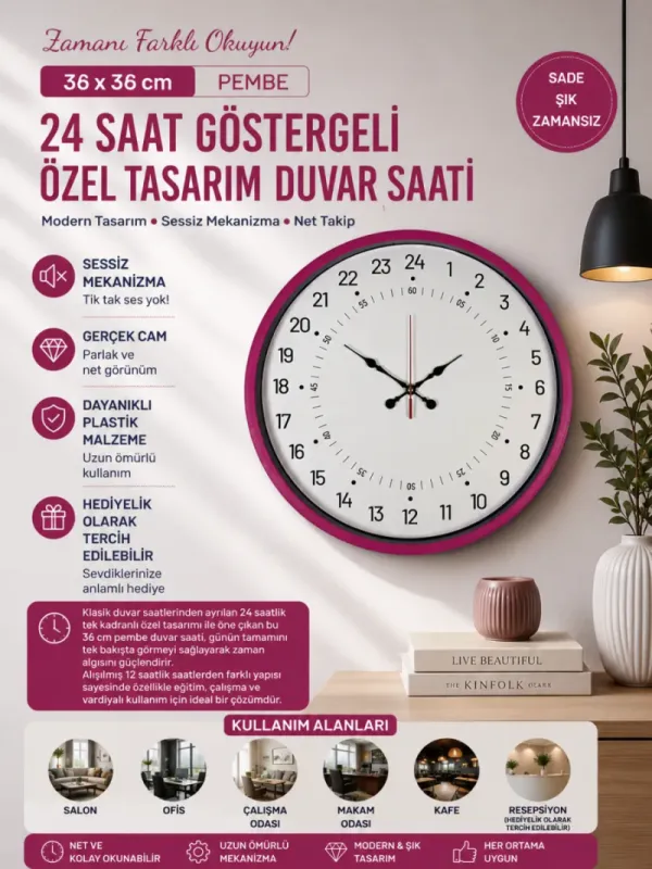 Göstergeli Pembe Plastik Duvar Saati 36 cm · Model PP-3697P