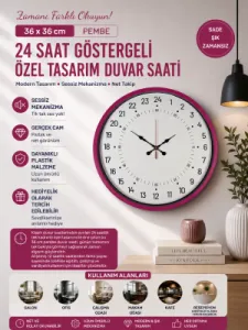 Göstergeli Pembe Plastik Duvar Saati 36 cm · Model PP-3697P