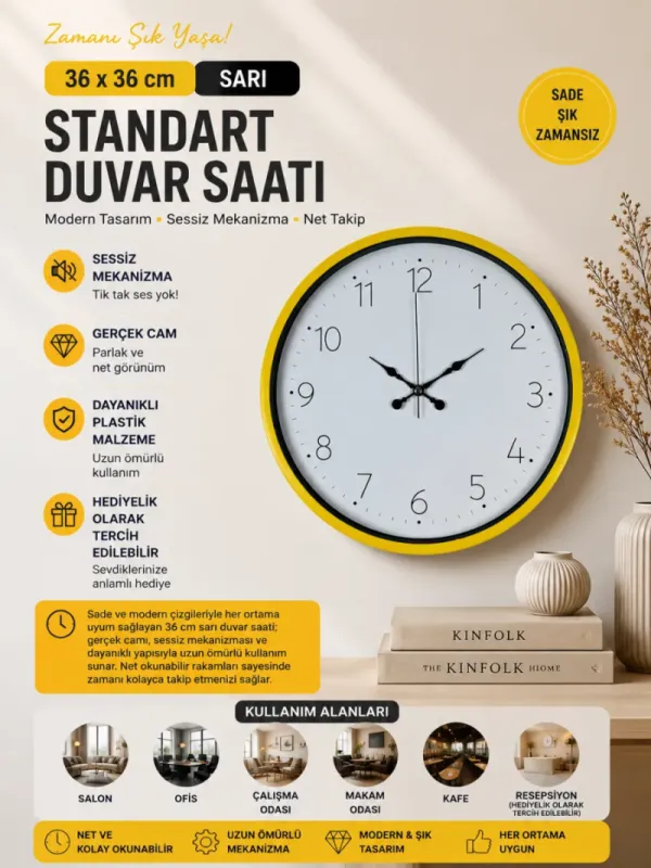 Sarı Plastik Duvar Saati 36 cm · Model PP-3604Y