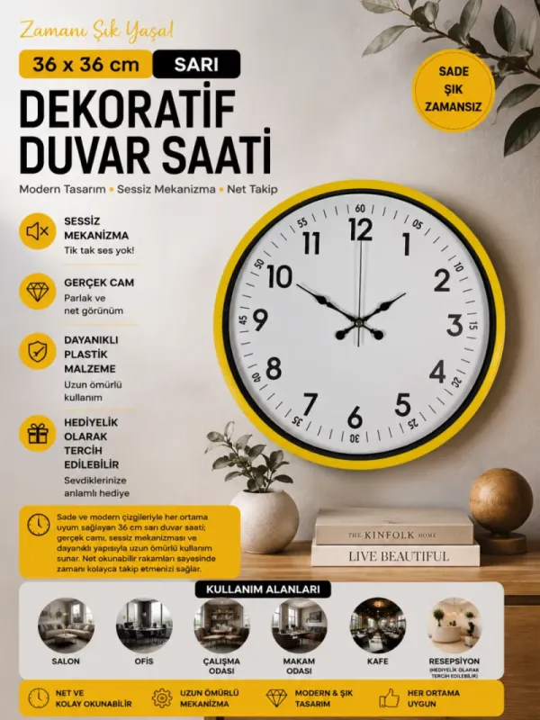 Sarı Plastik Duvar Saati 36 cm · Model PP-3605Y