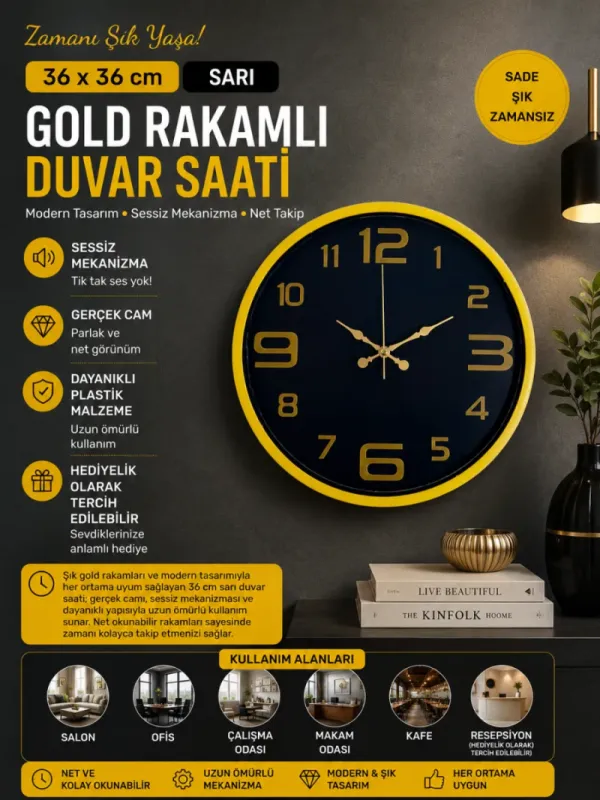 Sarı Plastik Duvar Saati 36 cm · Model PP-3610Y
