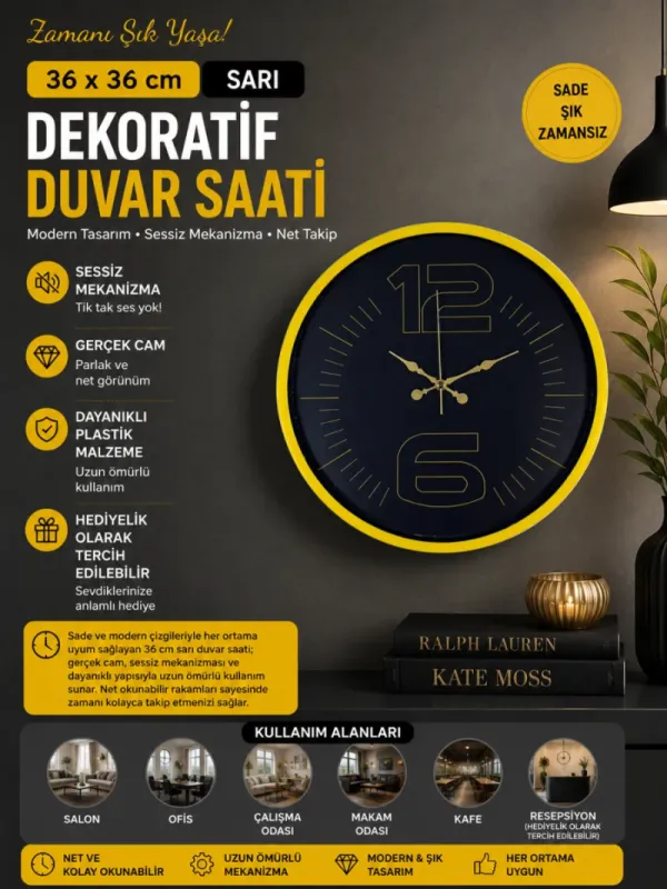 Sarı Plastik Duvar Saati 36 cm · Model PP-3612Y