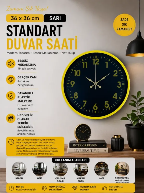 Sarı Plastik Duvar Saati 36 cm · Model PP-3623Y