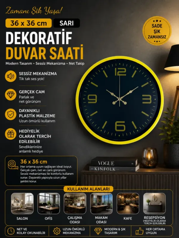Sarı Plastik Duvar Saati 36 cm · Model PP-3644Y