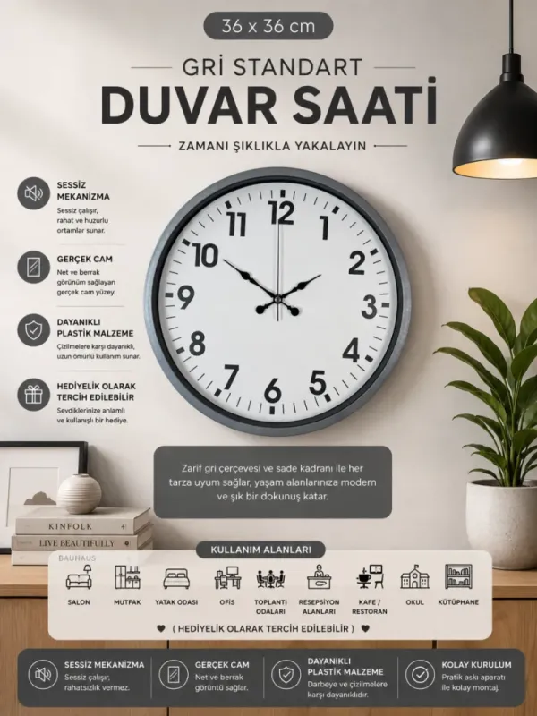 Gri Plastik Duvar Saati 36 cm · Model PP-3601K