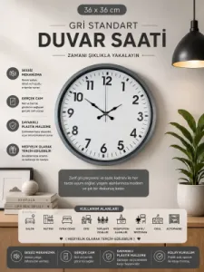 Gri Plastik Duvar Saati 36 cm · Model PP-3601K