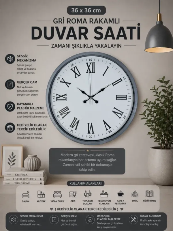 Roma Rakamlı Gri Plastik Duvar Saati 36 cm · Model PP-3654K