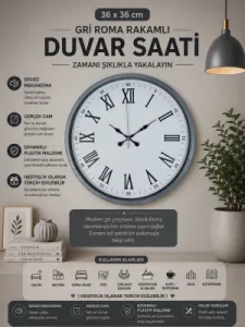 Roma Rakamlı Gri Plastik Duvar Saati 36 cm · Model PP-3654K