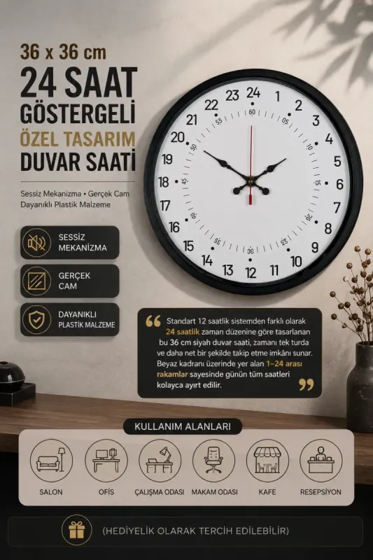 Göstergeli Siyah Plastik Duvar Saati 36 cm · Model PP-3697B