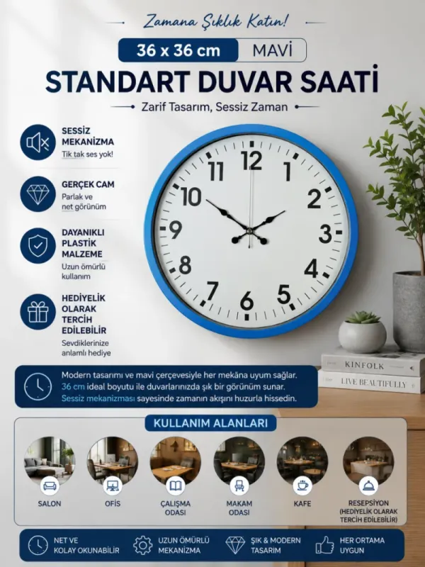 Mavi Plastik Duvar Saati 36 cm · Model PP-3601M
