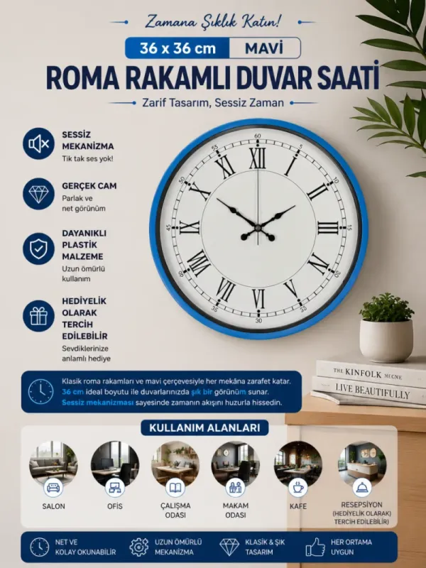 Roma Rakamlı Mavi Plastik Duvar Saati 36 cm · Model PP-3655M