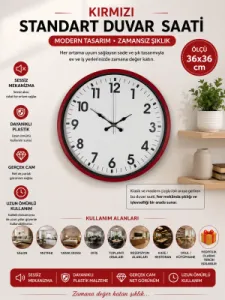 Kırmızı Plastik Duvar Saati 36 cm · Model PP-3601R