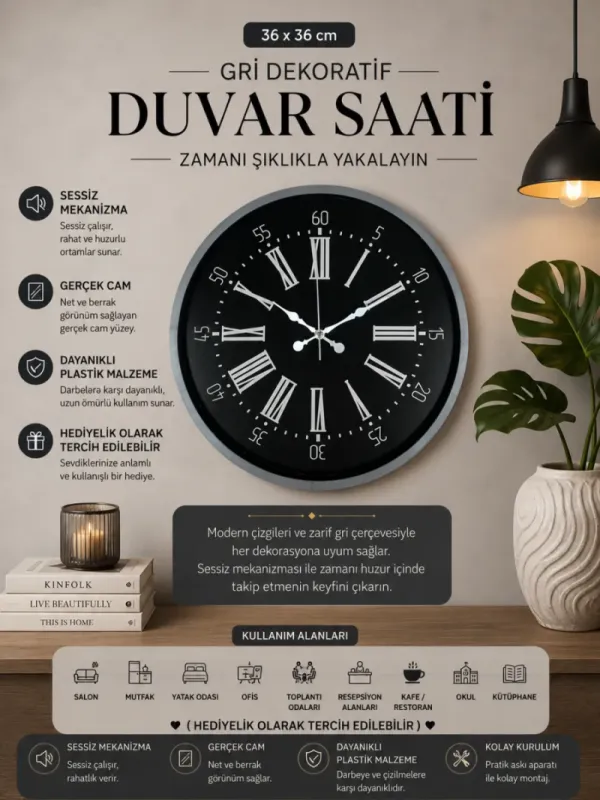 Gri Plastik Duvar Saati 36 cm · Model PP-3659K