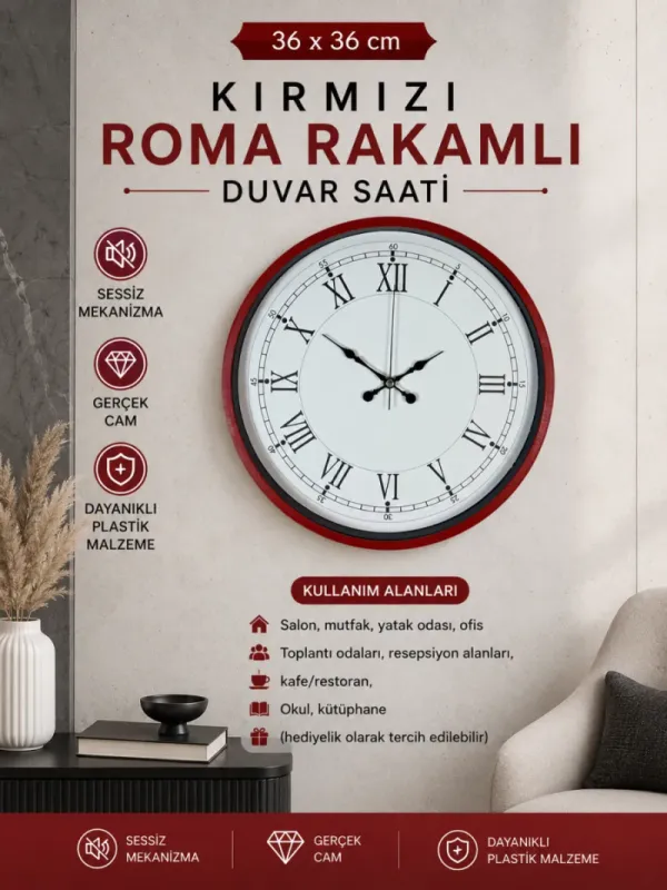 Roma Rakamlı Kırmızı Plastik Duvar Saati 36 cm · Model PP-3655R