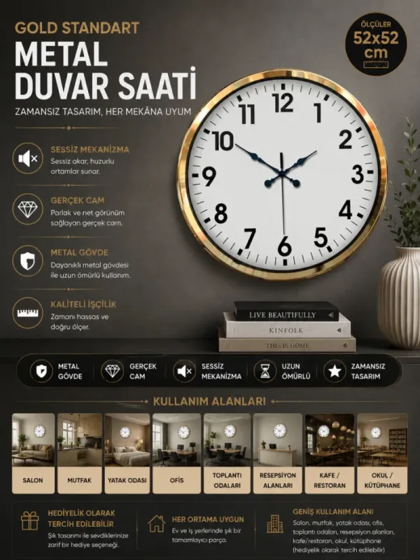 Gold Metal Duvar Saati 52 cm · Model 5201G