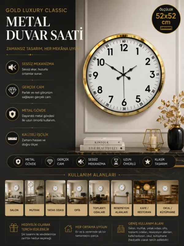 Gold Metal Duvar Saati 52 cm · Model 5205G