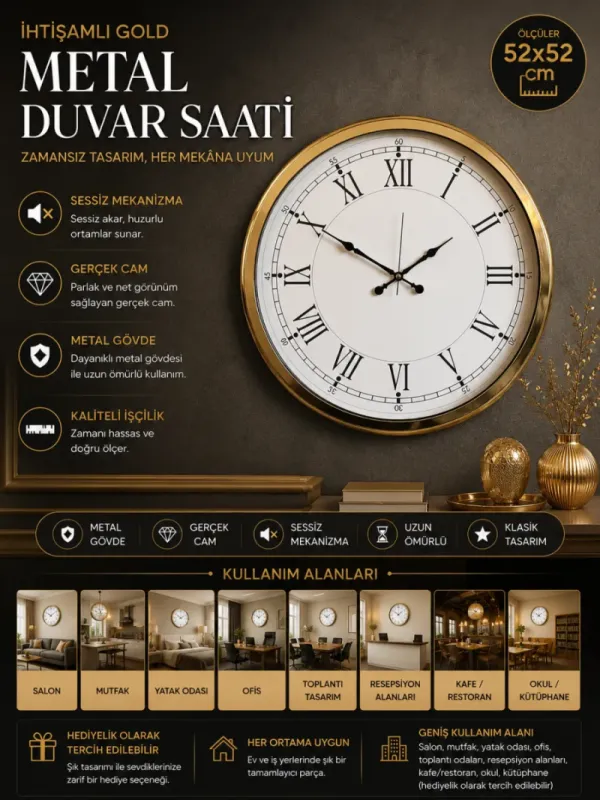 Roma Rakamlı Gold Metal Duvar Saati 52 cm · Model 5255G
