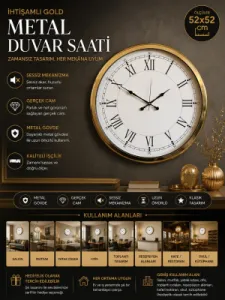 Roma Rakamlı Gold Metal Duvar Saati 52 cm · Model 5255G