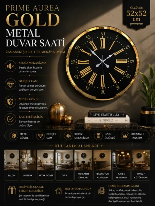 Gold Metal Duvar Saati 52 cm · Model 5258G